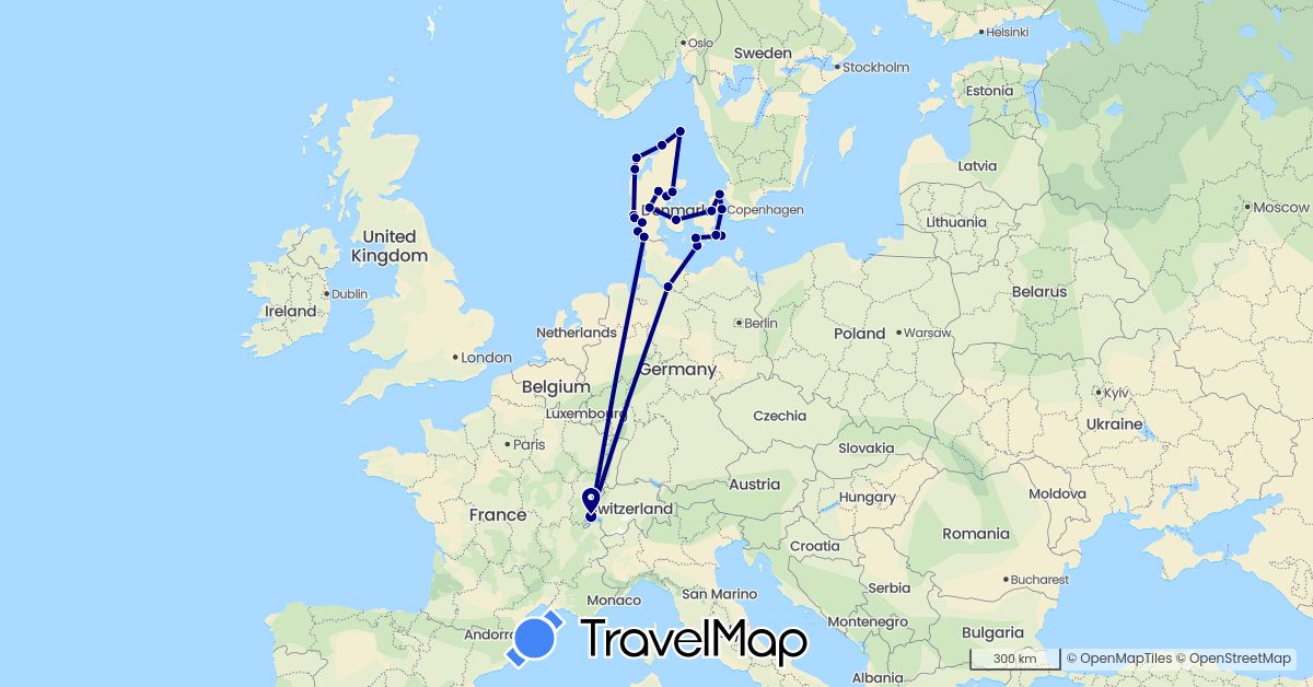 TravelMap itinerary: driving in Switzerland, Germany, Denmark (Europe)