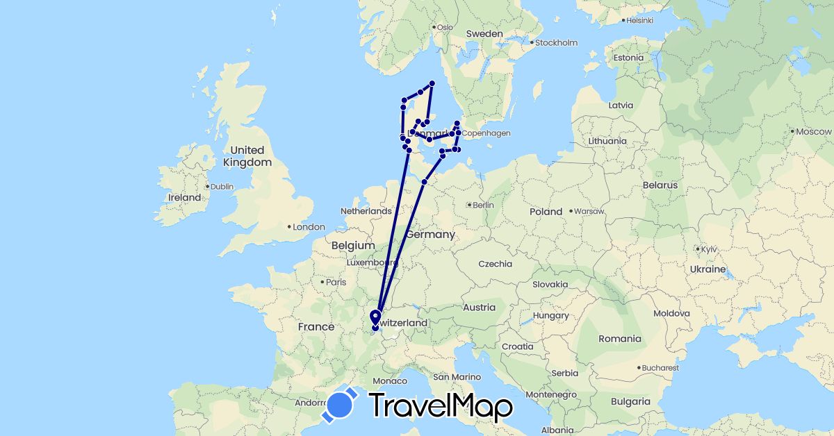 TravelMap itinerary: driving in Switzerland, Germany, Denmark (Europe)