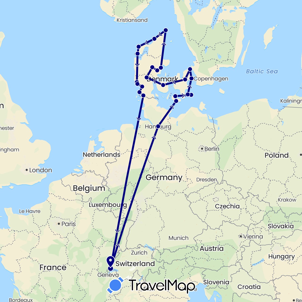 TravelMap itinerary: driving in Switzerland, Germany, Denmark (Europe)