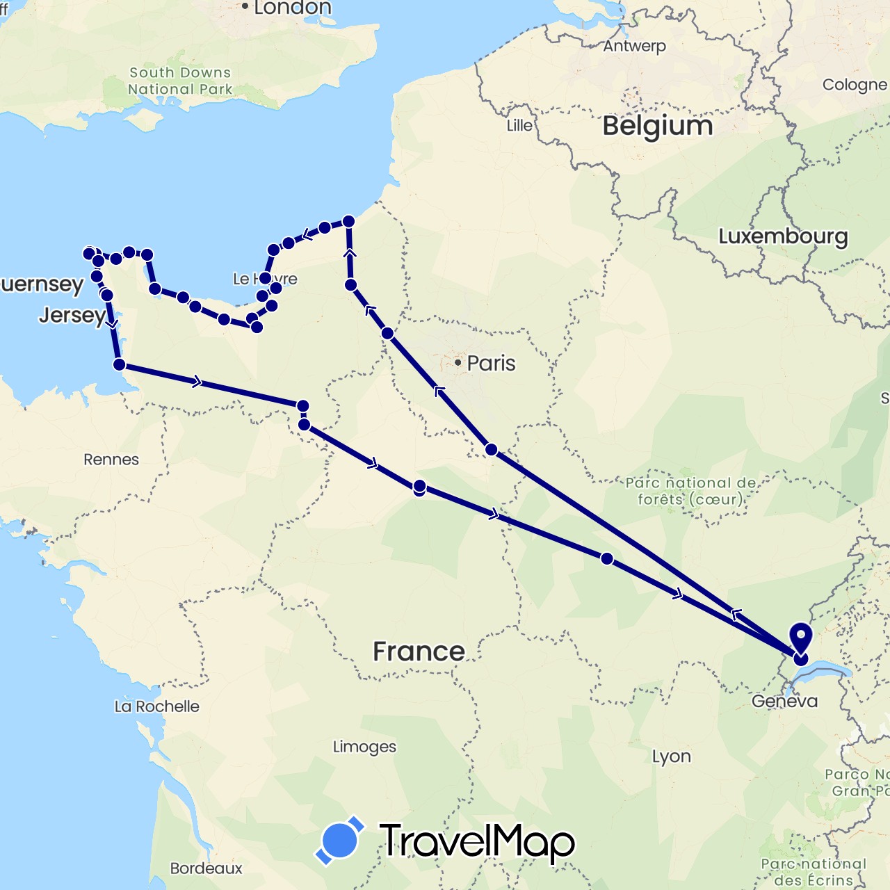 TravelMap itinerary: driving in Switzerland, France (Europe)