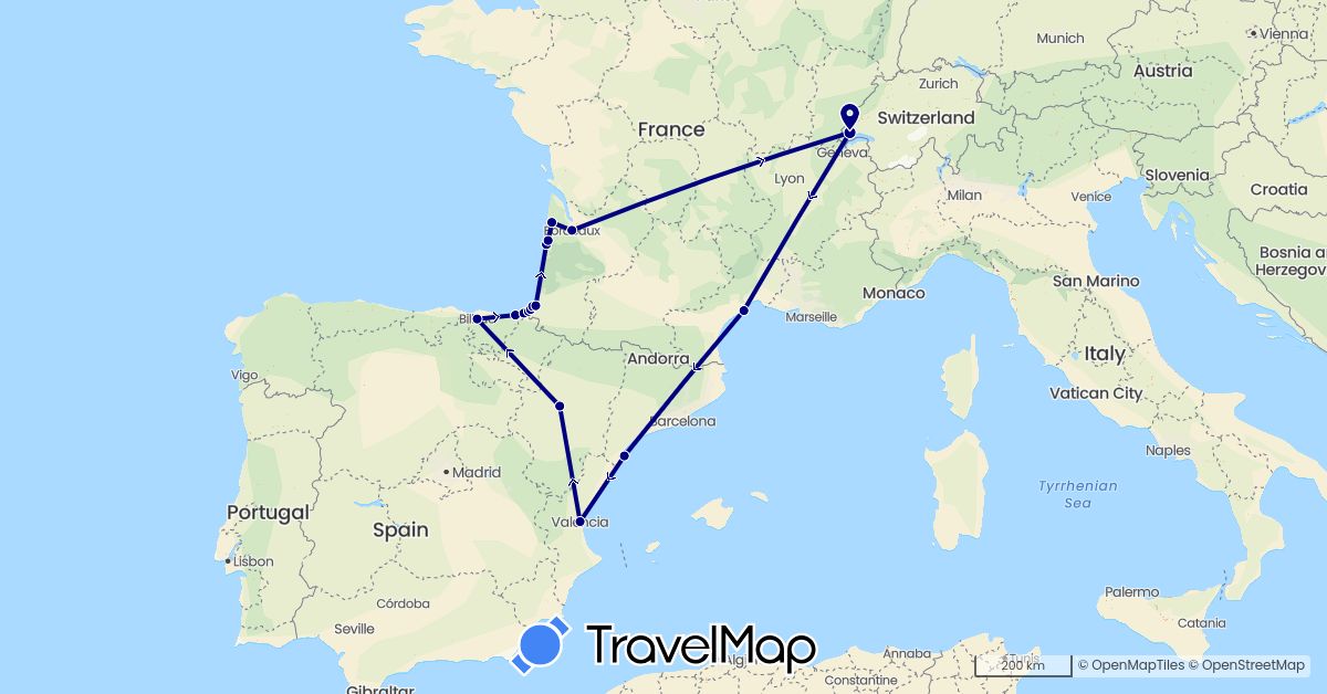 TravelMap itinerary: driving in Switzerland, Spain, France (Europe)