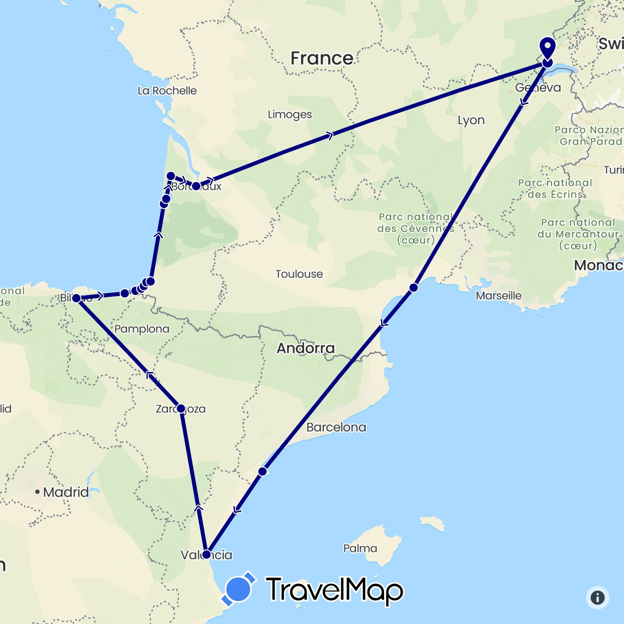 TravelMap itinerary: driving in Switzerland, Spain, France (Europe)