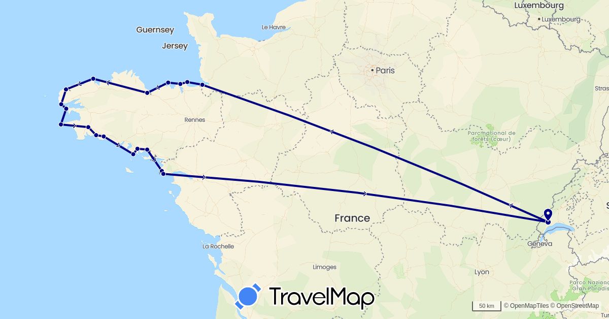 TravelMap itinerary: driving in Switzerland, France (Europe)
