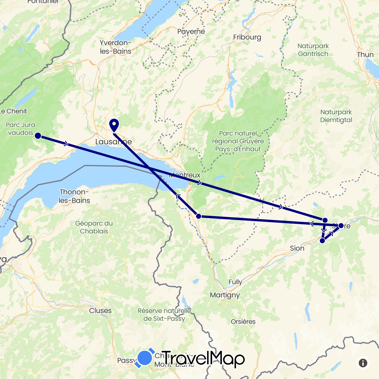 TravelMap itinerary: driving in Switzerland (Europe)