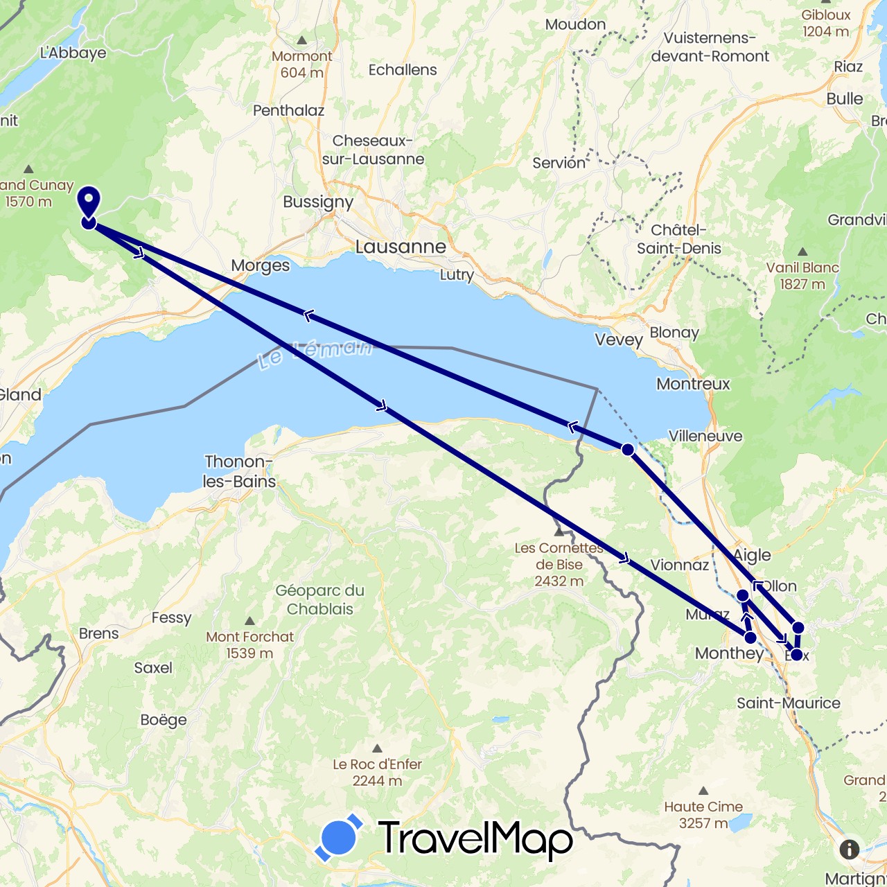 TravelMap itinerary: driving in Switzerland (Europe)