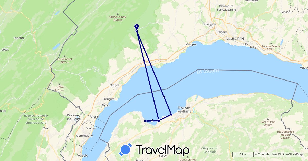TravelMap itinerary: driving in Switzerland, France (Europe)