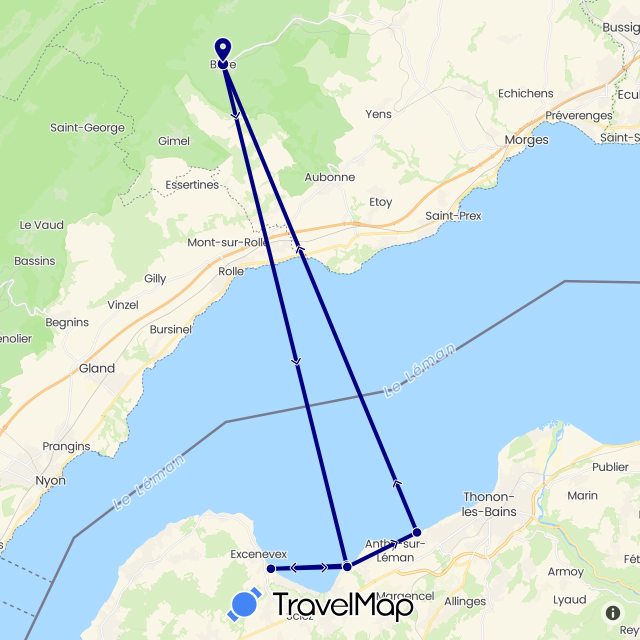 TravelMap itinerary: driving in Switzerland, France (Europe)