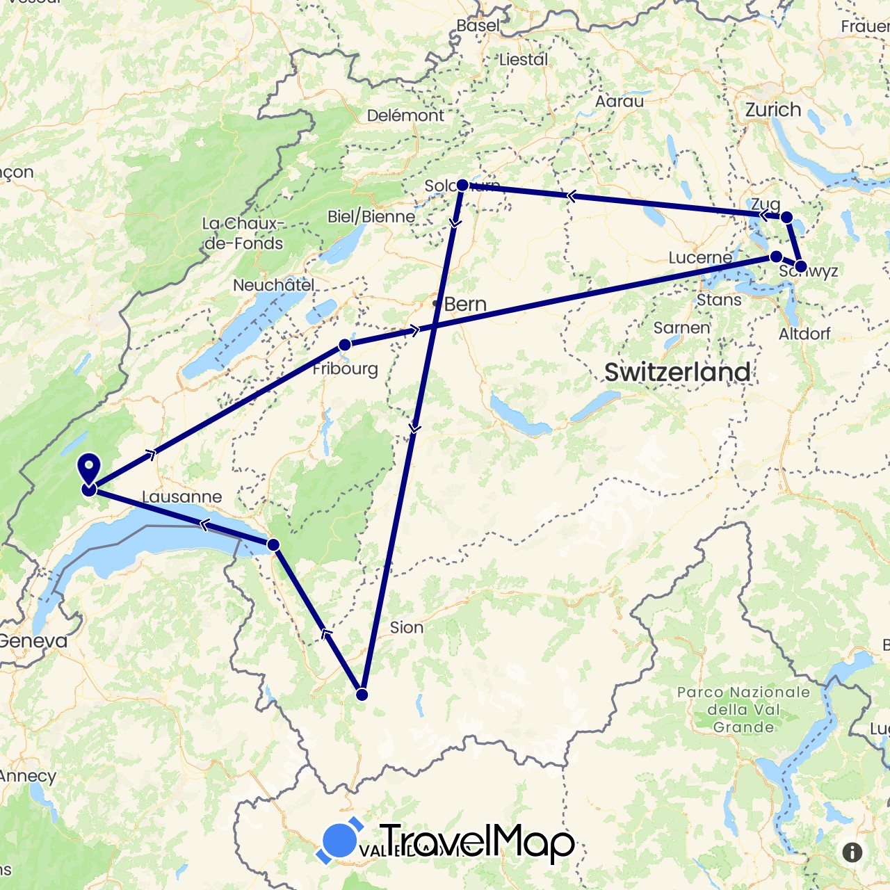 TravelMap itinerary: driving in Switzerland (Europe)