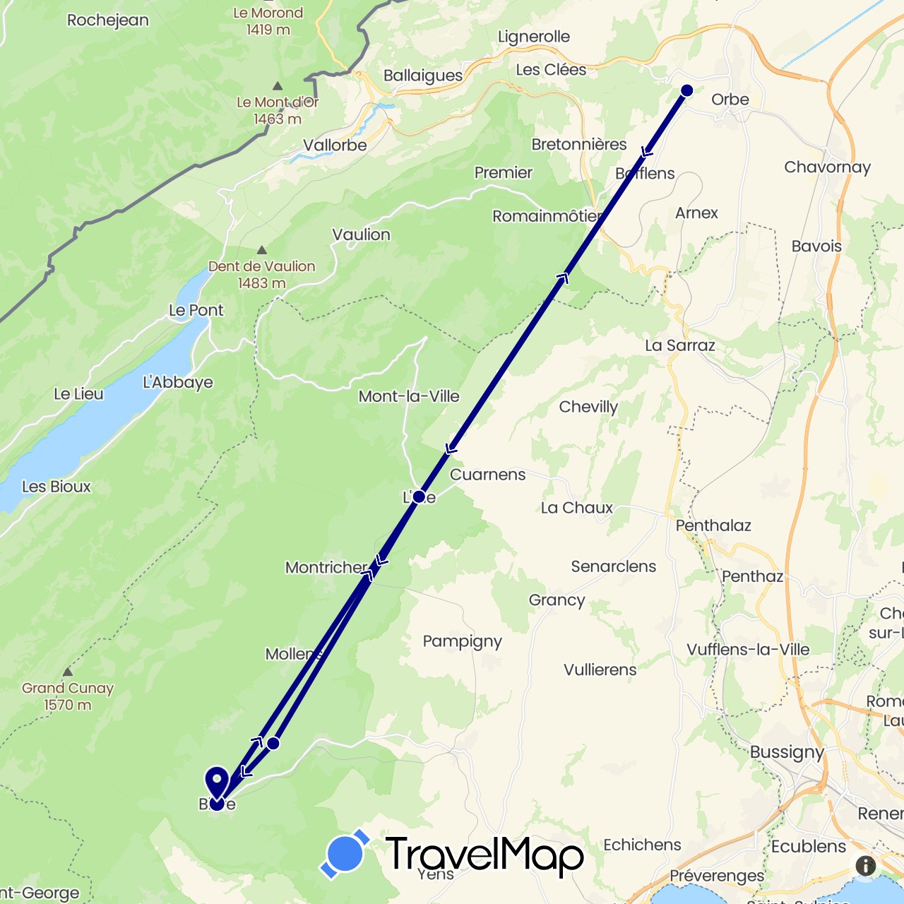 TravelMap itinerary: driving in Switzerland (Europe)