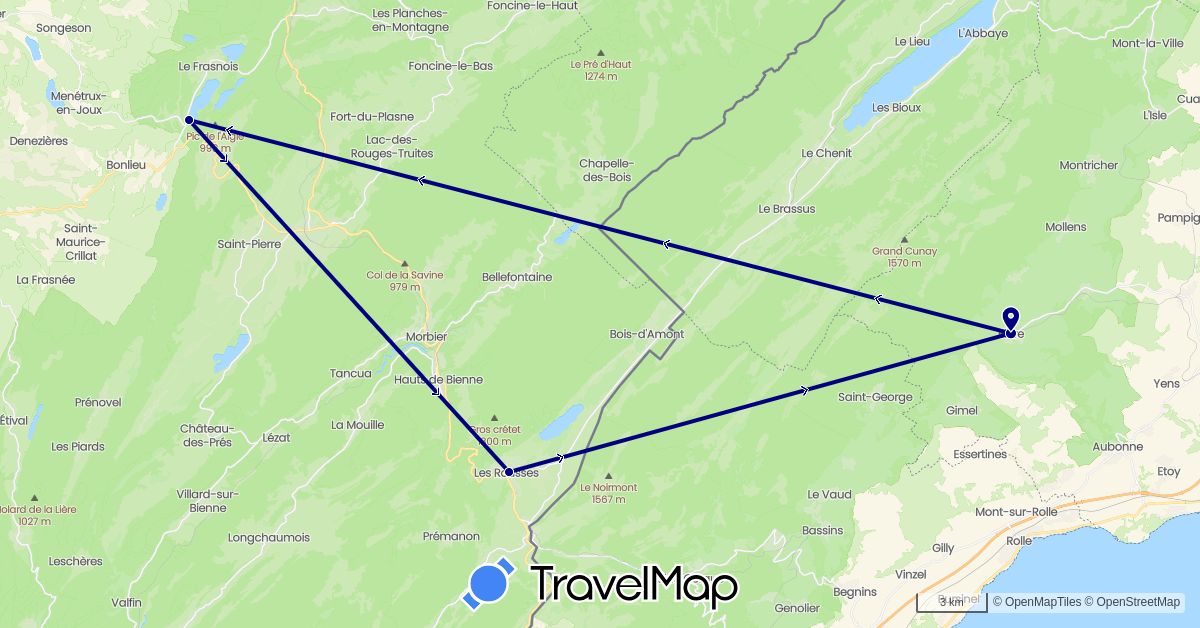TravelMap itinerary: driving in Switzerland, France (Europe)