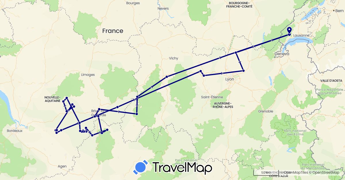 TravelMap itinerary: driving in Switzerland, France (Europe)