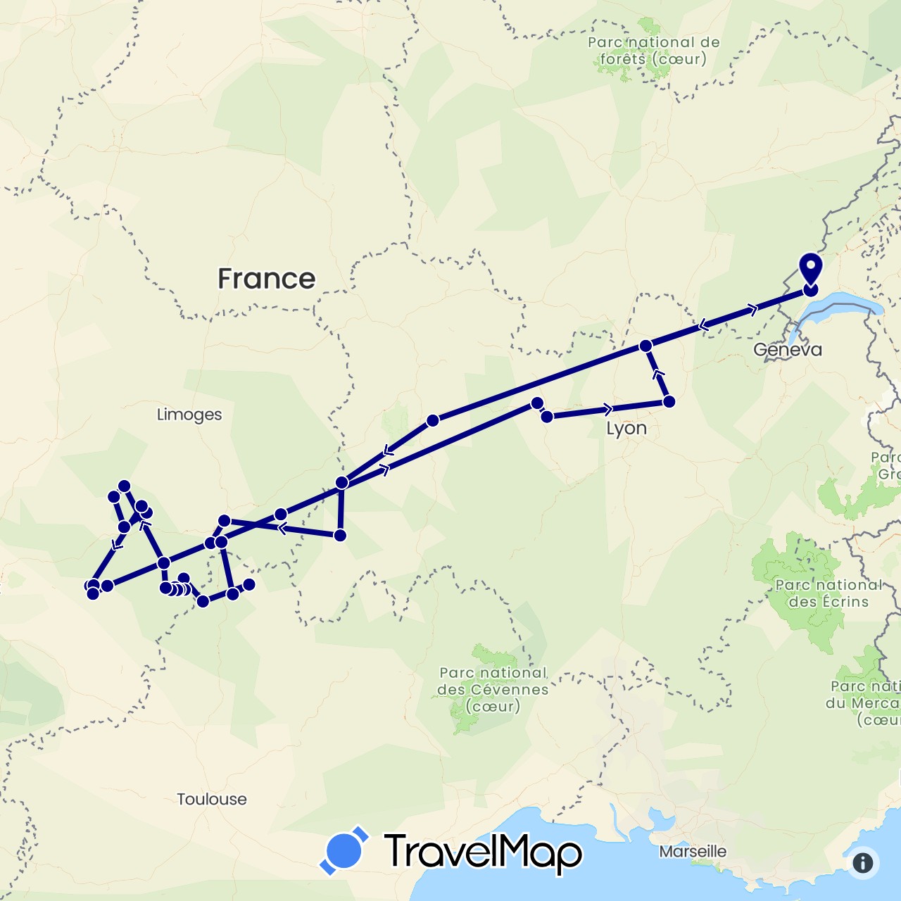 TravelMap itinerary: driving in Switzerland, France (Europe)