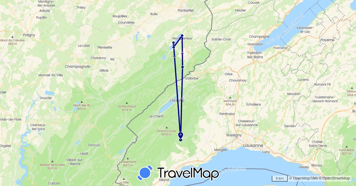 TravelMap itinerary: driving in Switzerland, France (Europe)