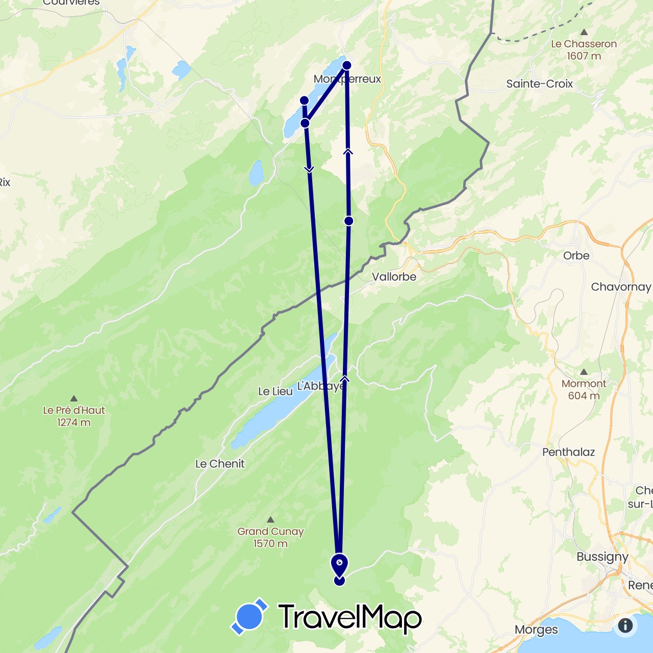 TravelMap itinerary: driving in Switzerland, France (Europe)