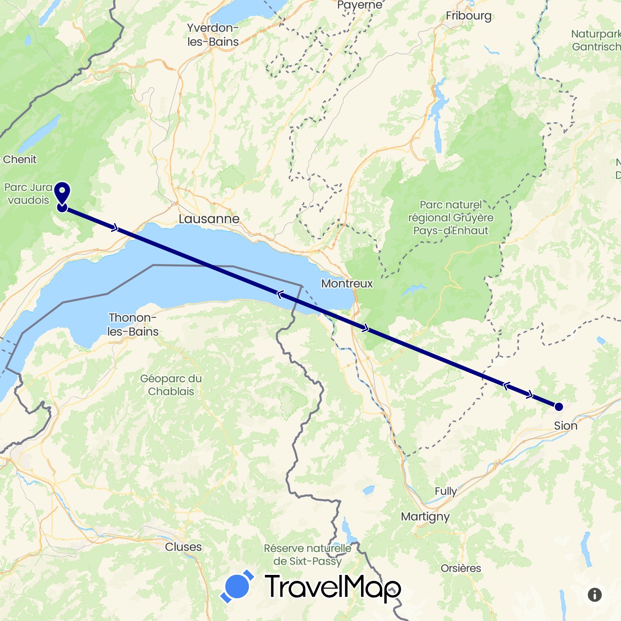 TravelMap itinerary: driving in Switzerland (Europe)
