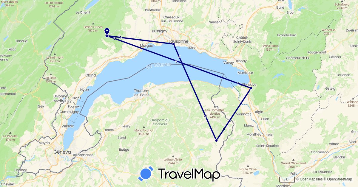 TravelMap itinerary: driving in Switzerland, France (Europe)
