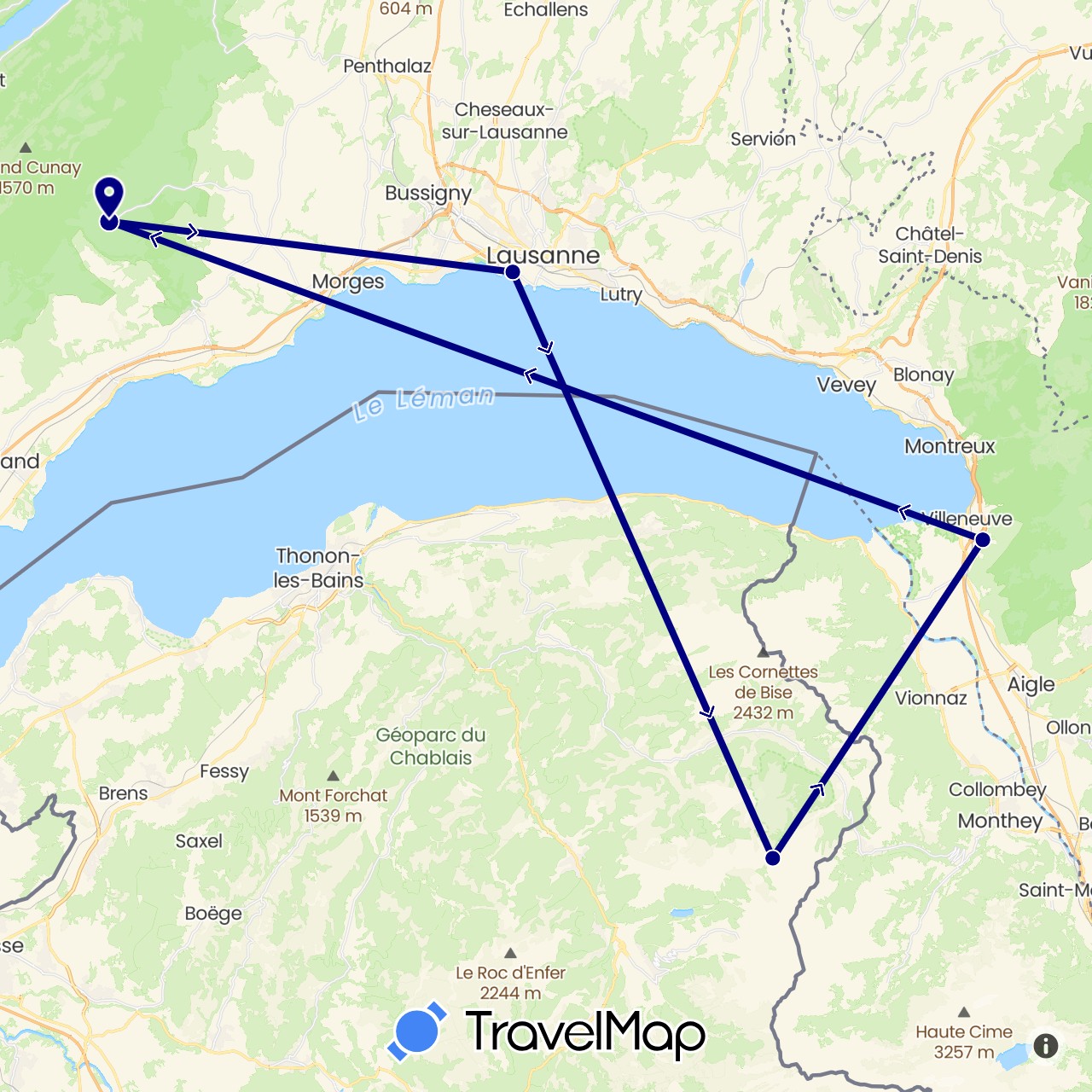 TravelMap itinerary: driving in Switzerland, France (Europe)