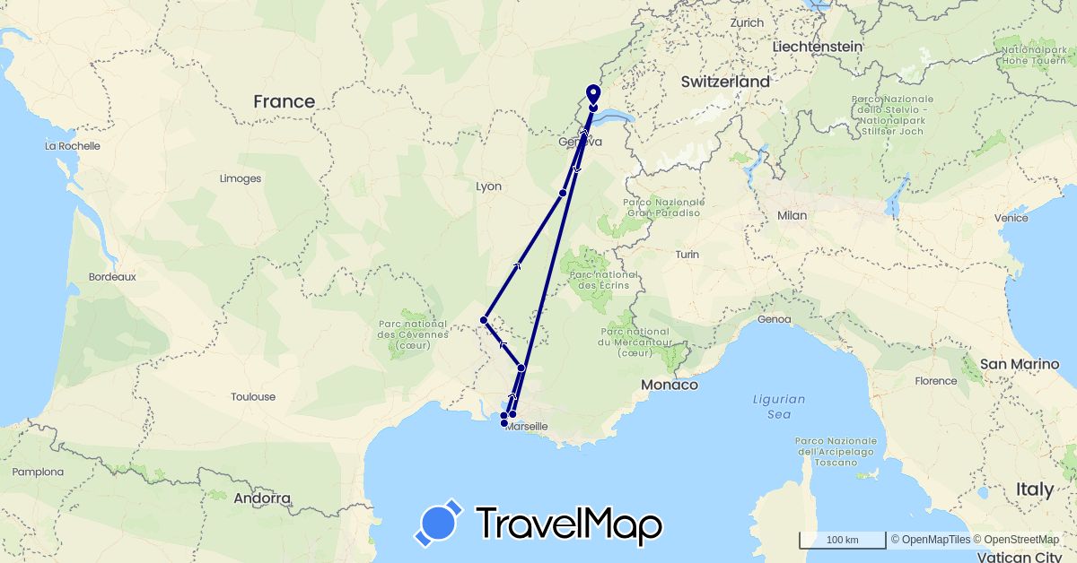 TravelMap itinerary: driving in Switzerland, France (Europe)