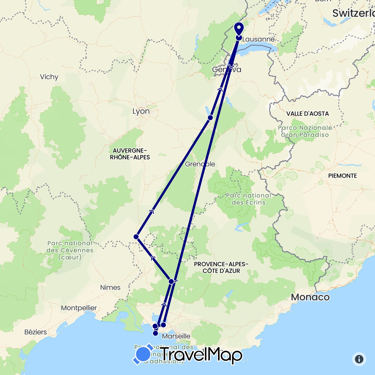 TravelMap itinerary: driving in Switzerland, France (Europe)