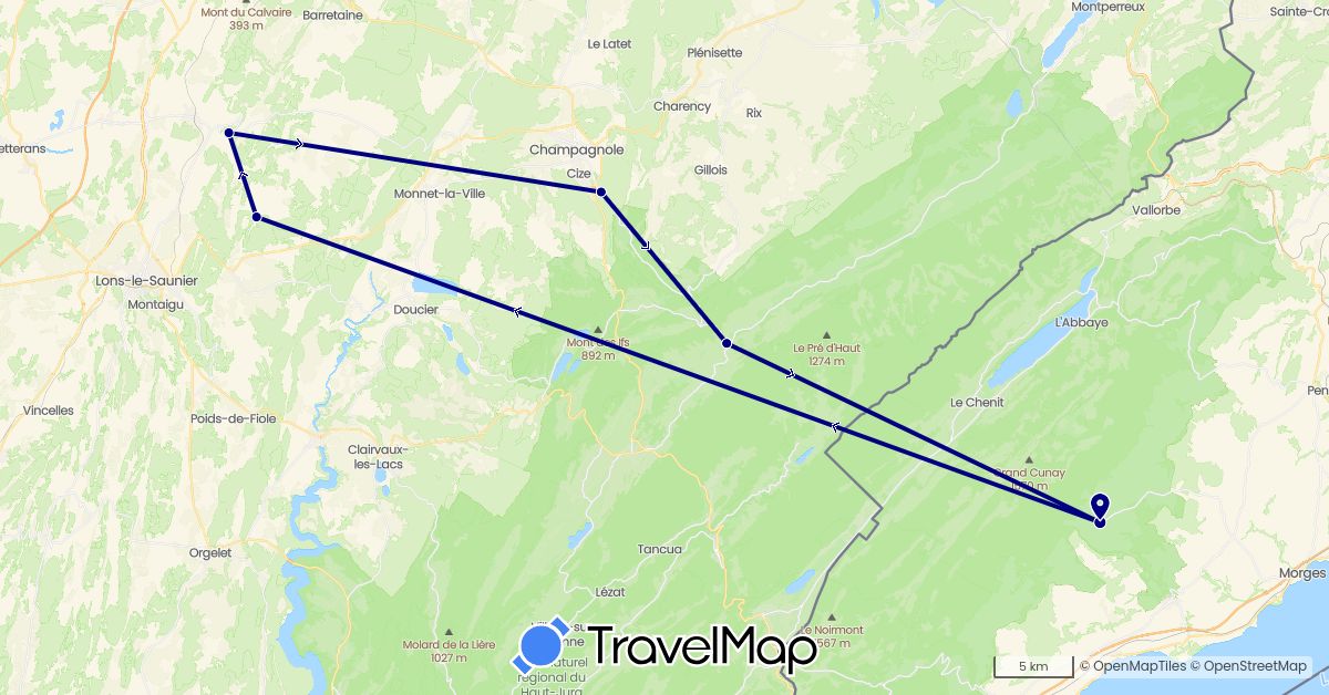 TravelMap itinerary: driving in Switzerland, France (Europe)