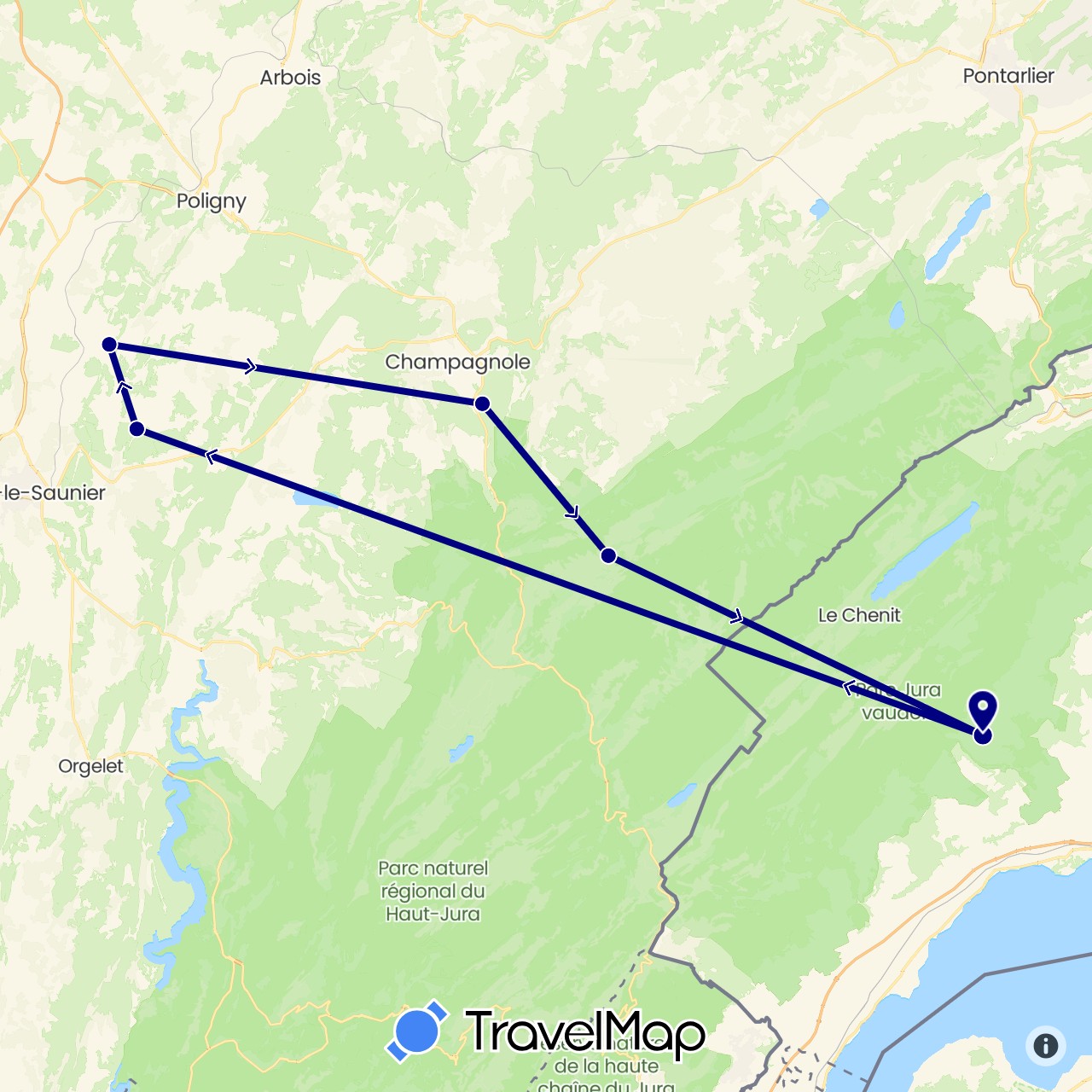 TravelMap itinerary: driving in Switzerland, France (Europe)