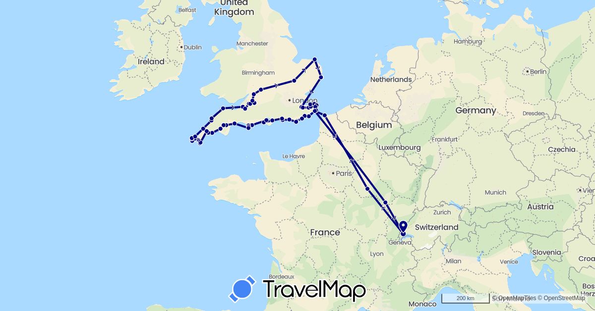 TravelMap itinerary: driving in Switzerland, France, United Kingdom (Europe)