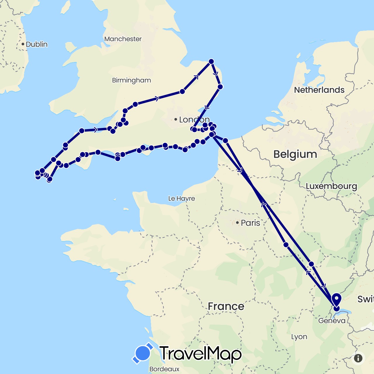 TravelMap itinerary: driving in Switzerland, France, United Kingdom (Europe)