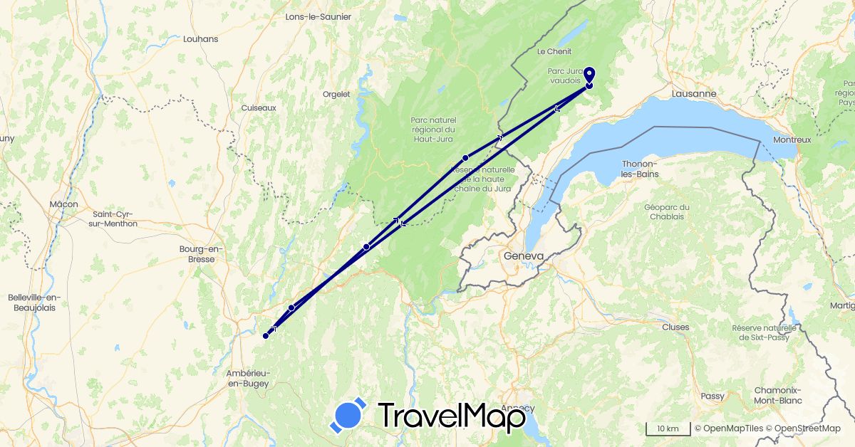 TravelMap itinerary: driving in Switzerland, France (Europe)