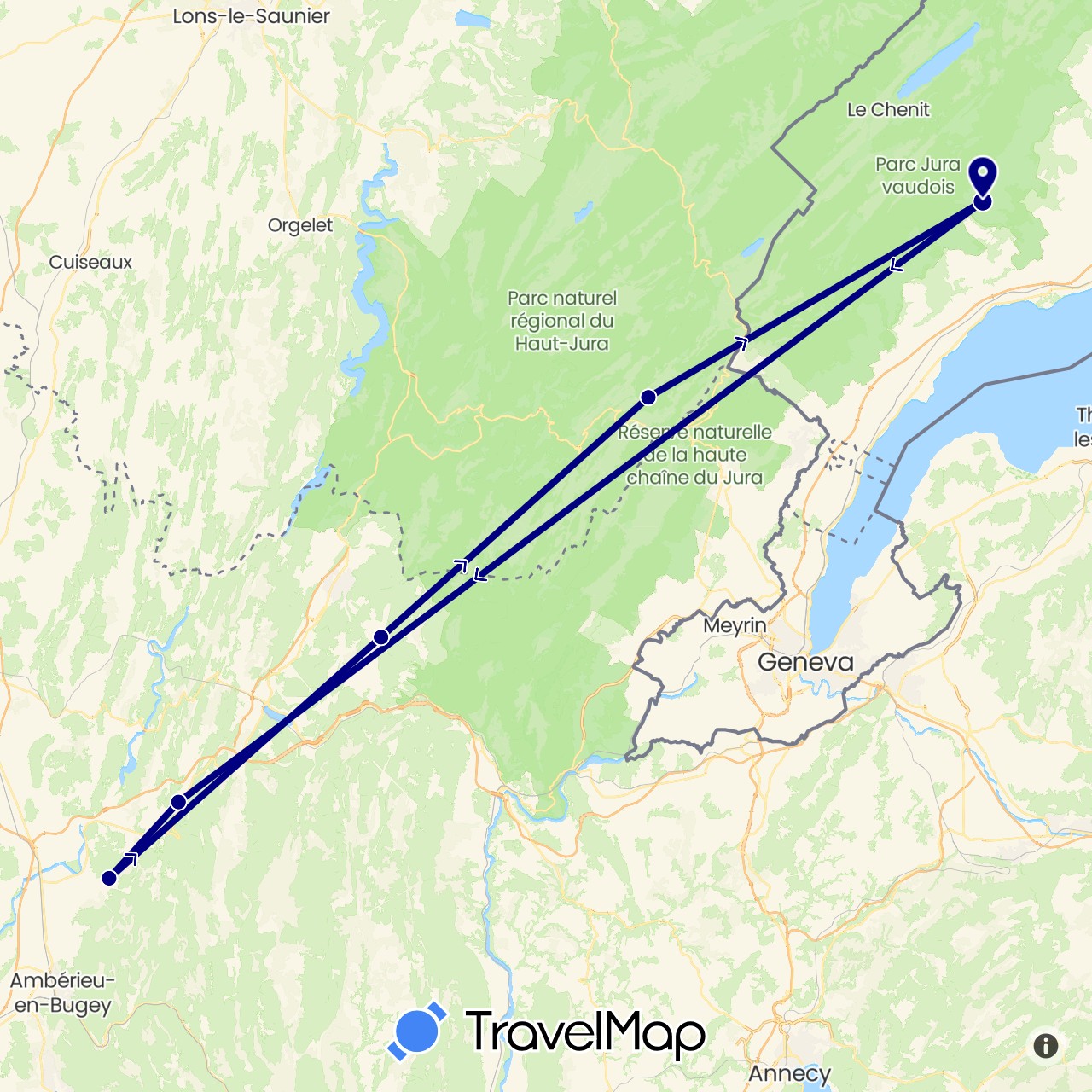 TravelMap itinerary: driving in Switzerland, France (Europe)
