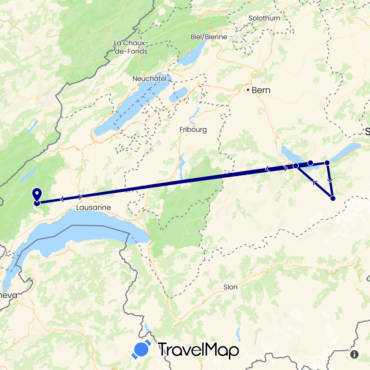 TravelMap itinerary: driving in Switzerland (Europe)