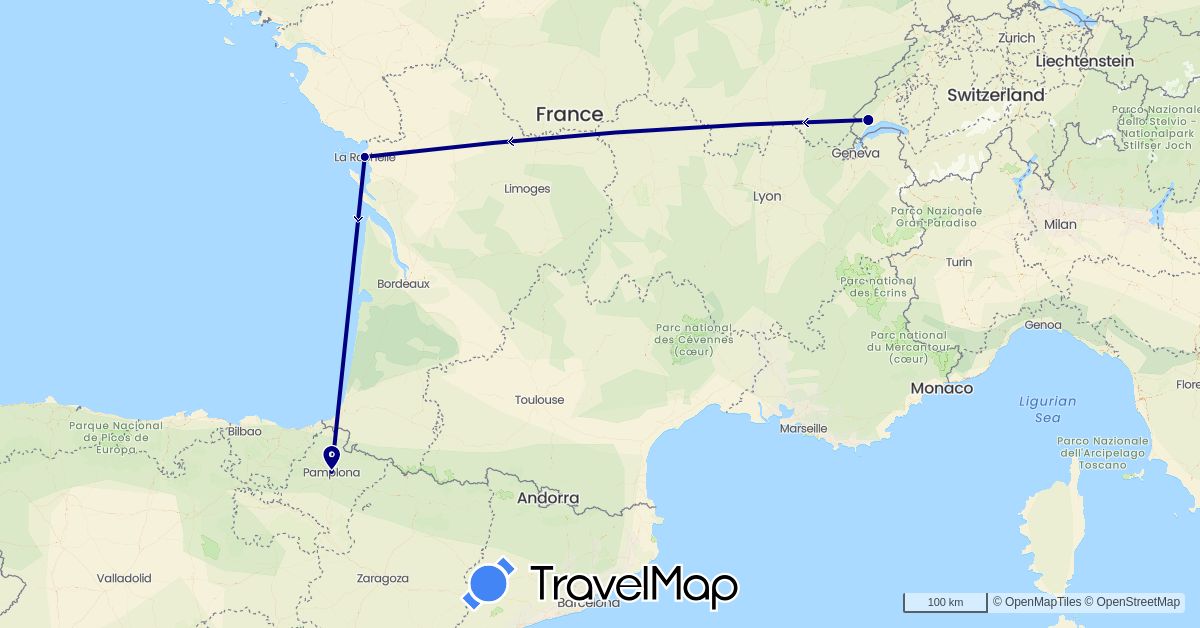 TravelMap itinerary: driving in Switzerland, Spain, France (Europe)