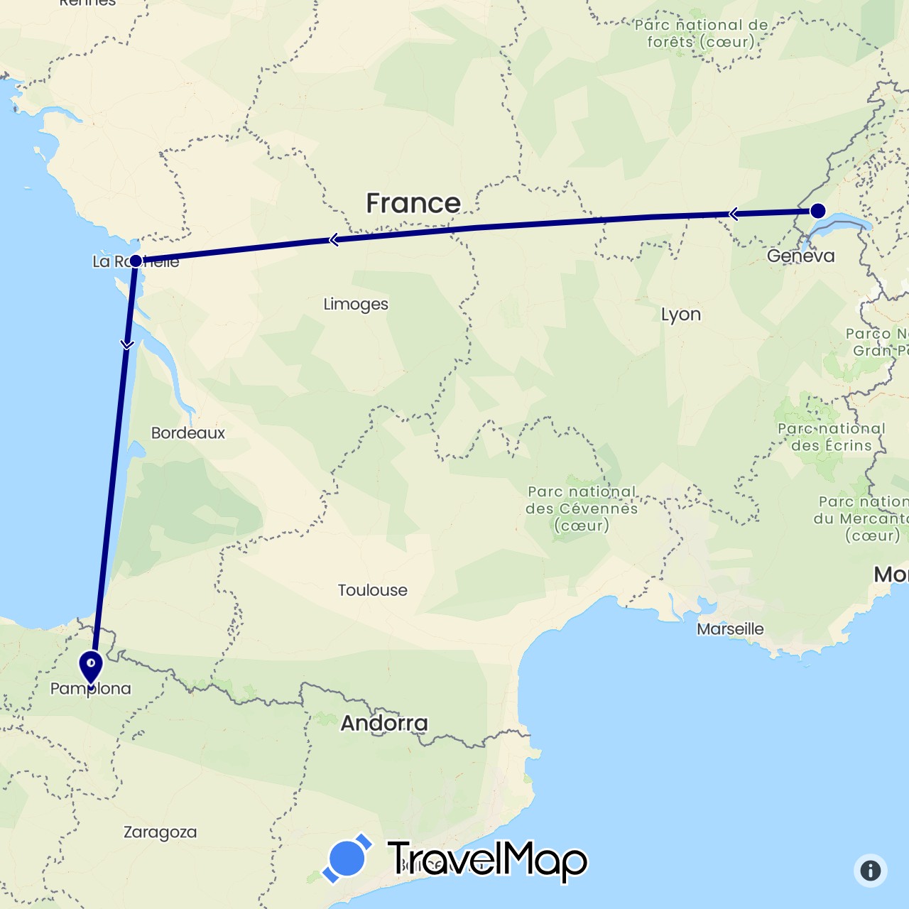 TravelMap itinerary: driving in Switzerland, Spain, France (Europe)