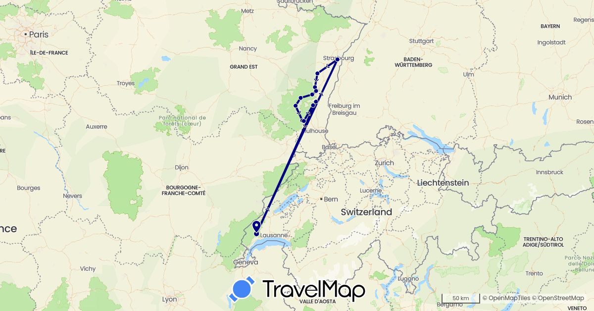 TravelMap itinerary: driving in Switzerland, France (Europe)
