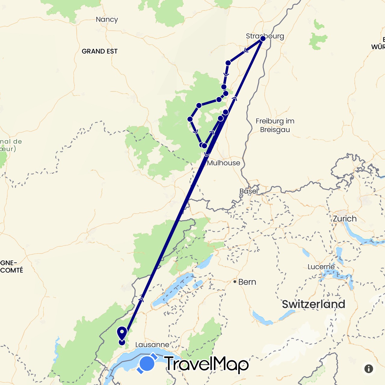 TravelMap itinerary: driving in Switzerland, France (Europe)