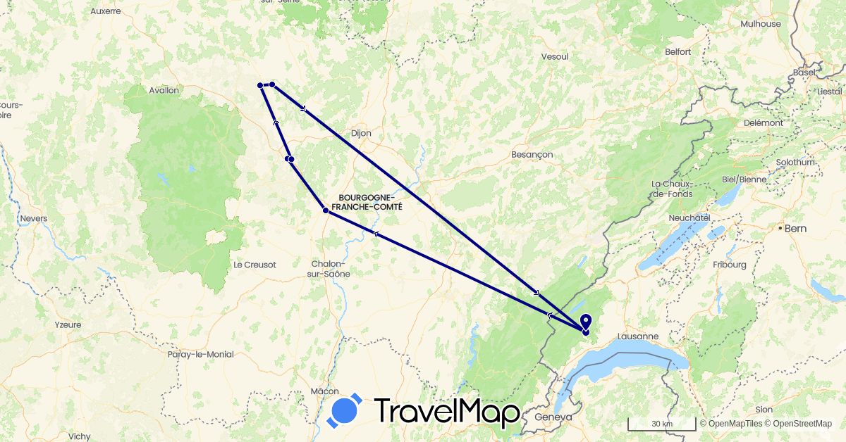 TravelMap itinerary: driving in Switzerland, France (Europe)