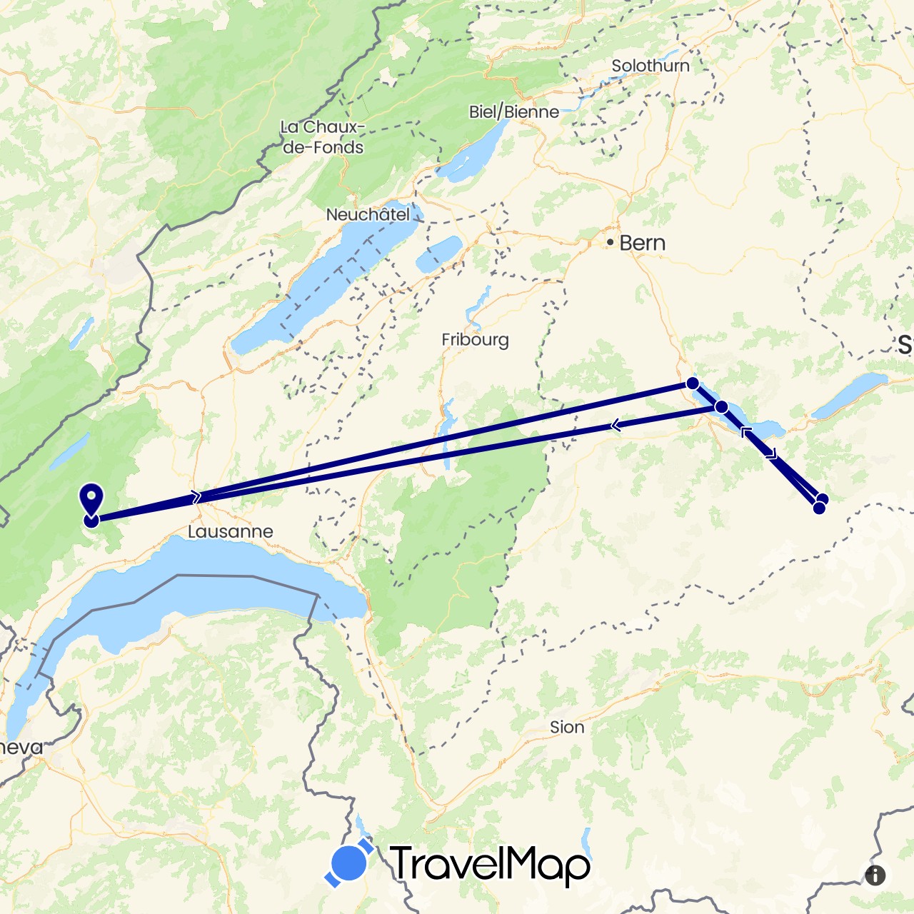 TravelMap itinerary: driving in Switzerland (Europe)