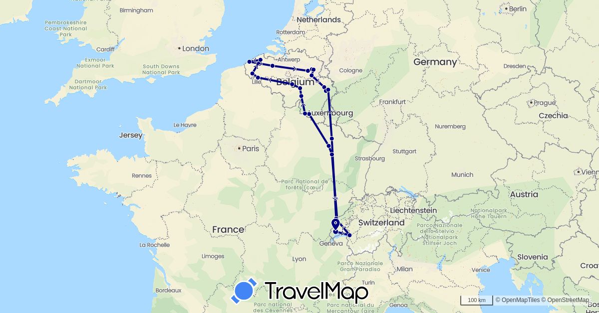 TravelMap itinerary: driving in Belgium, Switzerland, France (Europe)