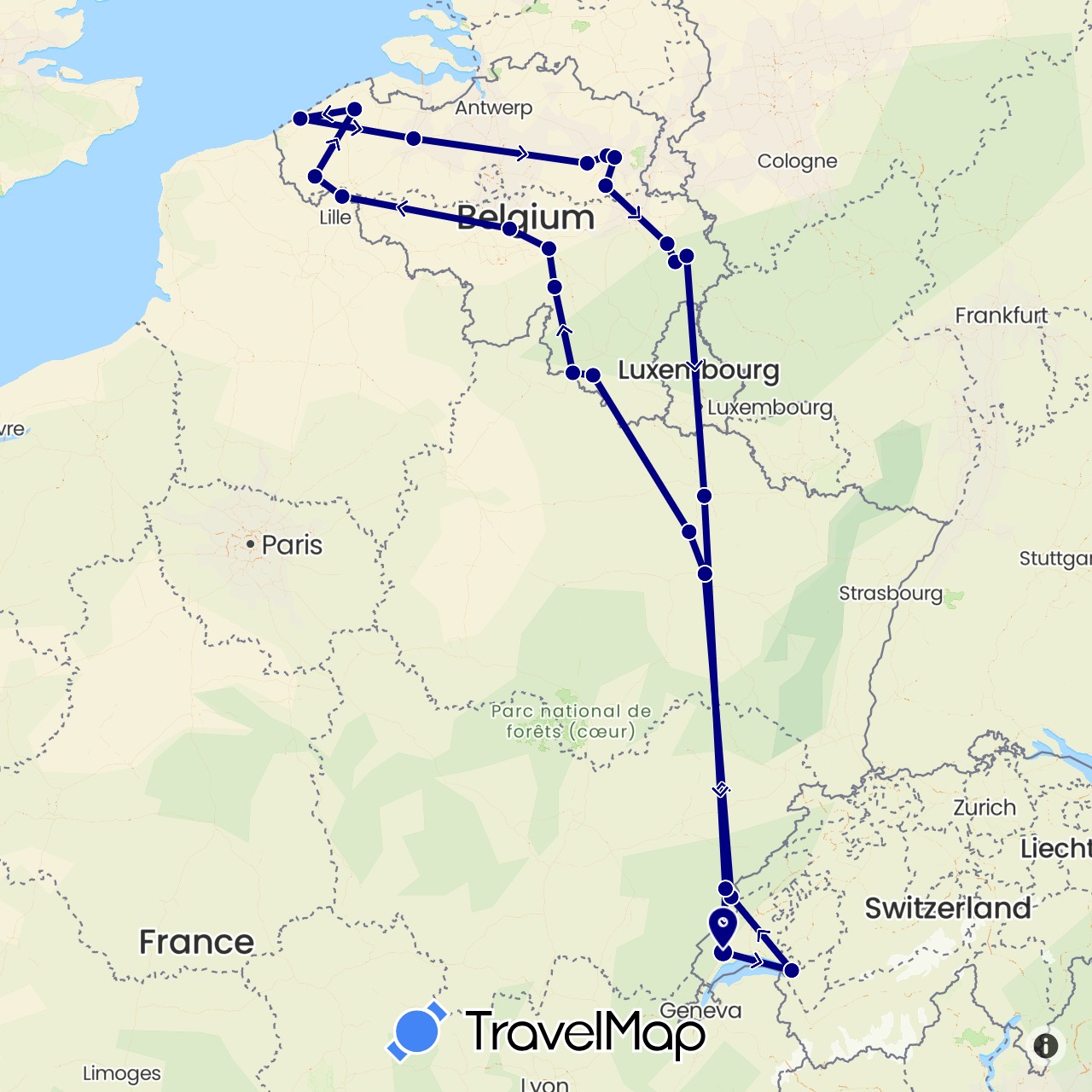 TravelMap itinerary: driving in Belgium, Switzerland, France (Europe)