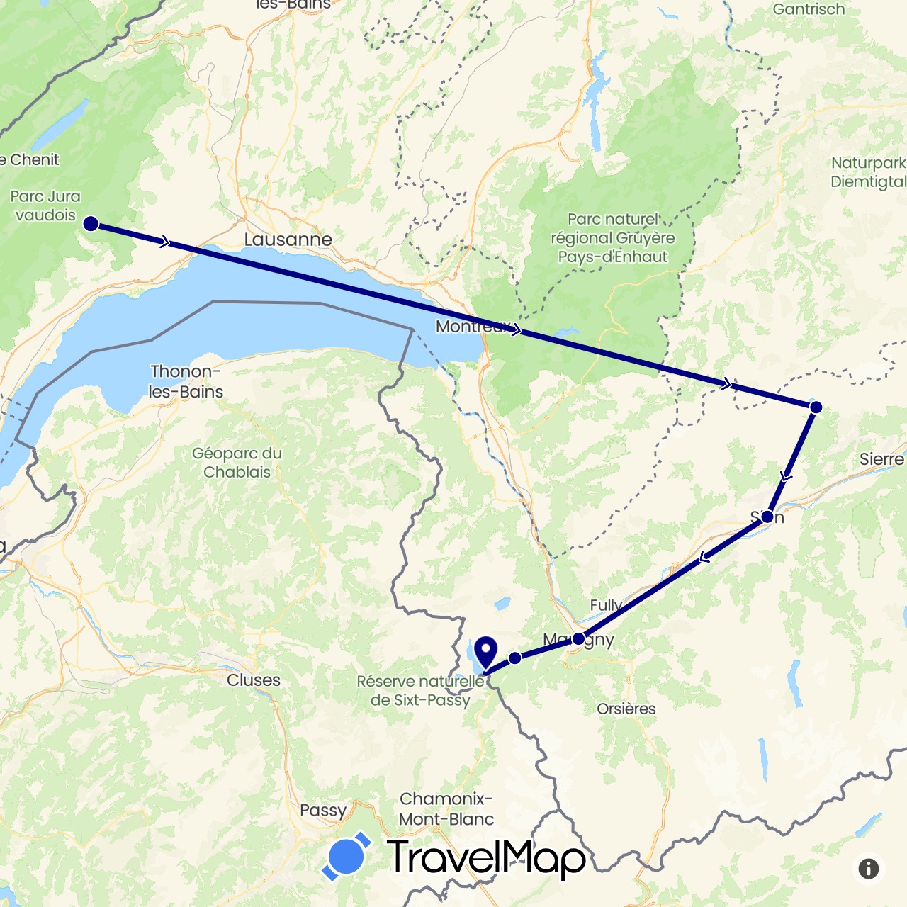 TravelMap itinerary: driving in Switzerland (Europe)