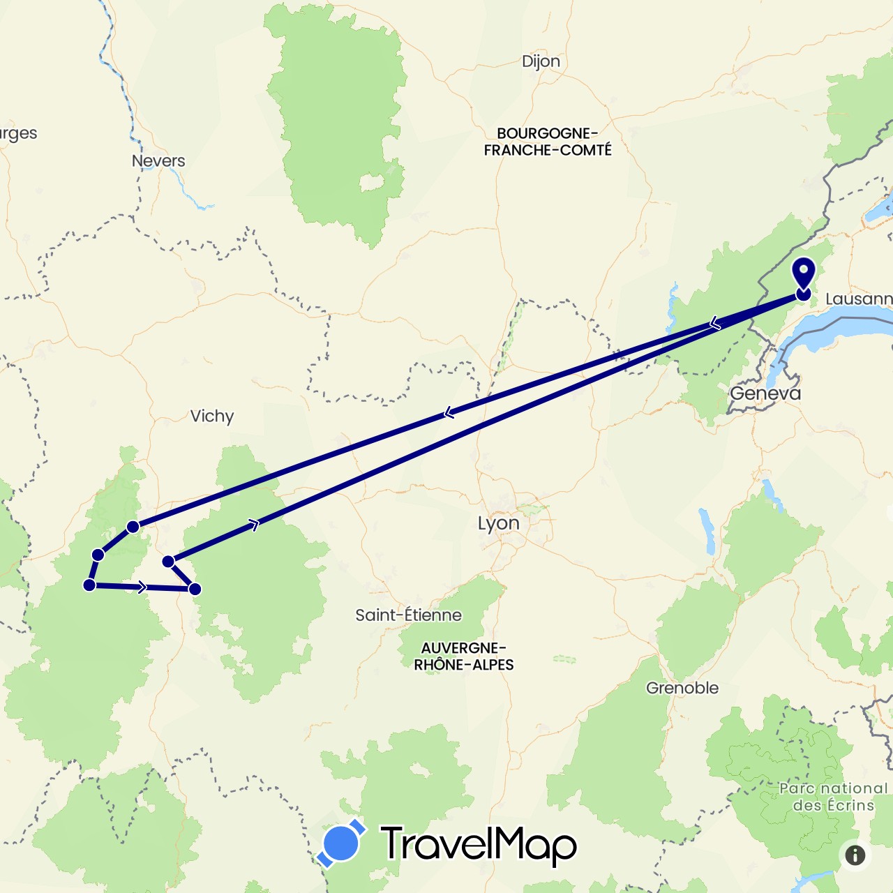 TravelMap itinerary: driving in Switzerland, France (Europe)