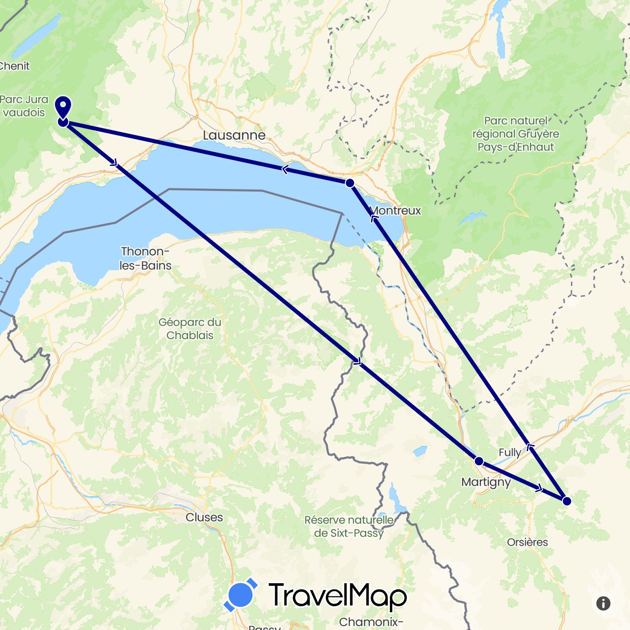 TravelMap itinerary: driving in Switzerland (Europe)