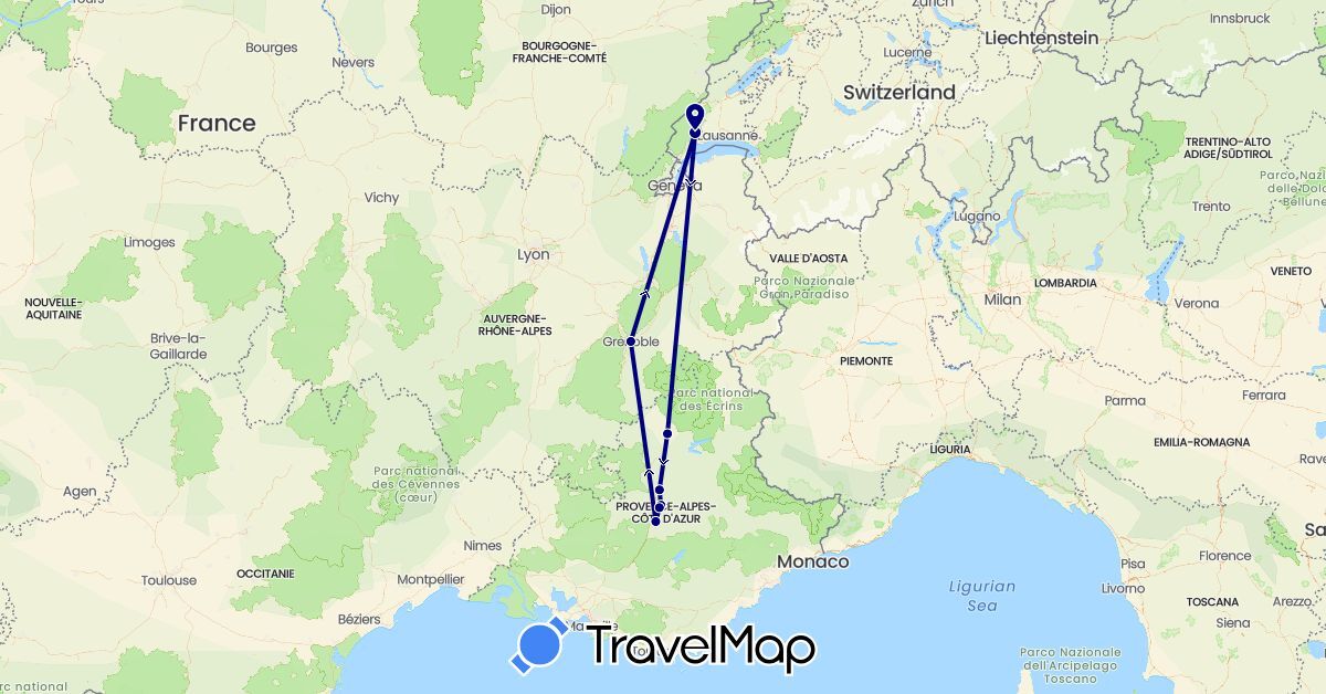 TravelMap itinerary: driving in Switzerland, France (Europe)