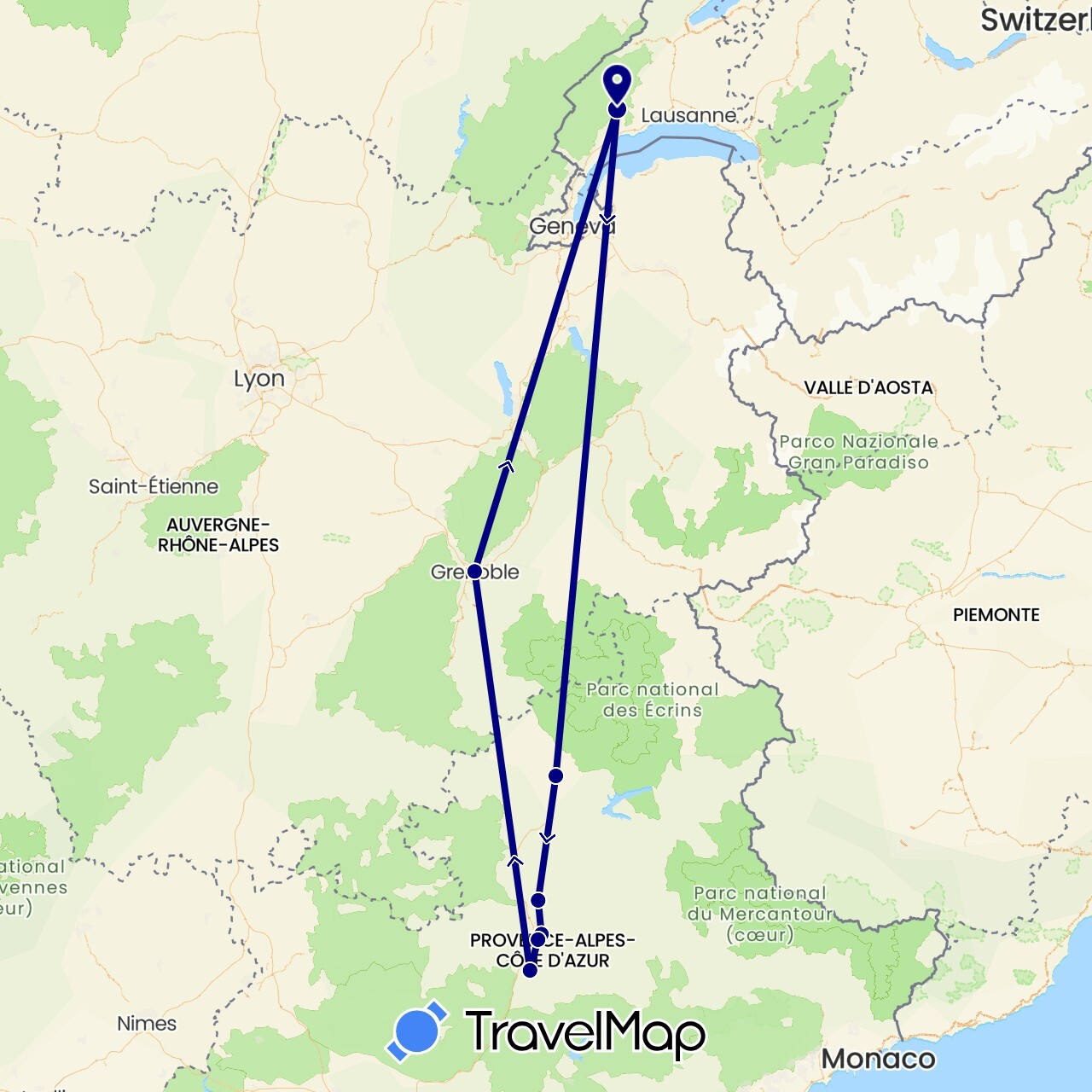 TravelMap itinerary: driving in Switzerland, France (Europe)