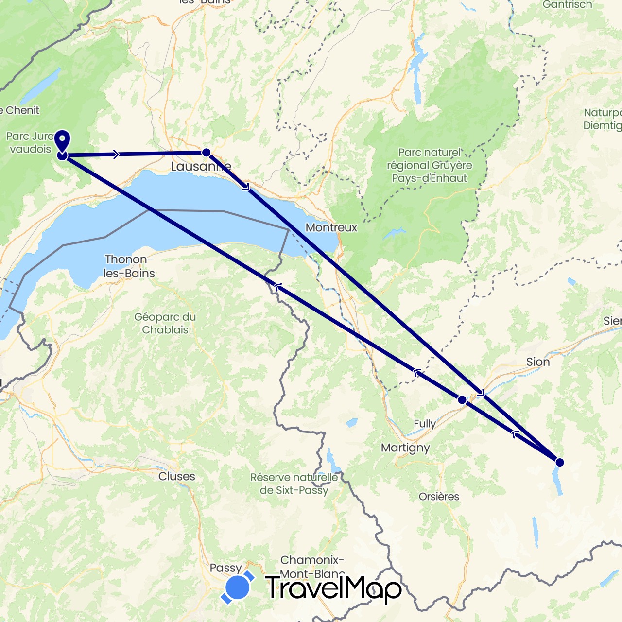 TravelMap itinerary: driving in Switzerland (Europe)