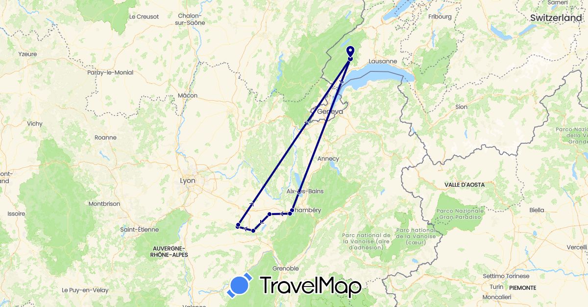 TravelMap itinerary: driving in Switzerland, France (Europe)