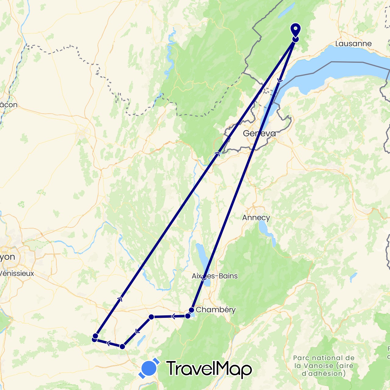 TravelMap itinerary: driving in Switzerland, France (Europe)