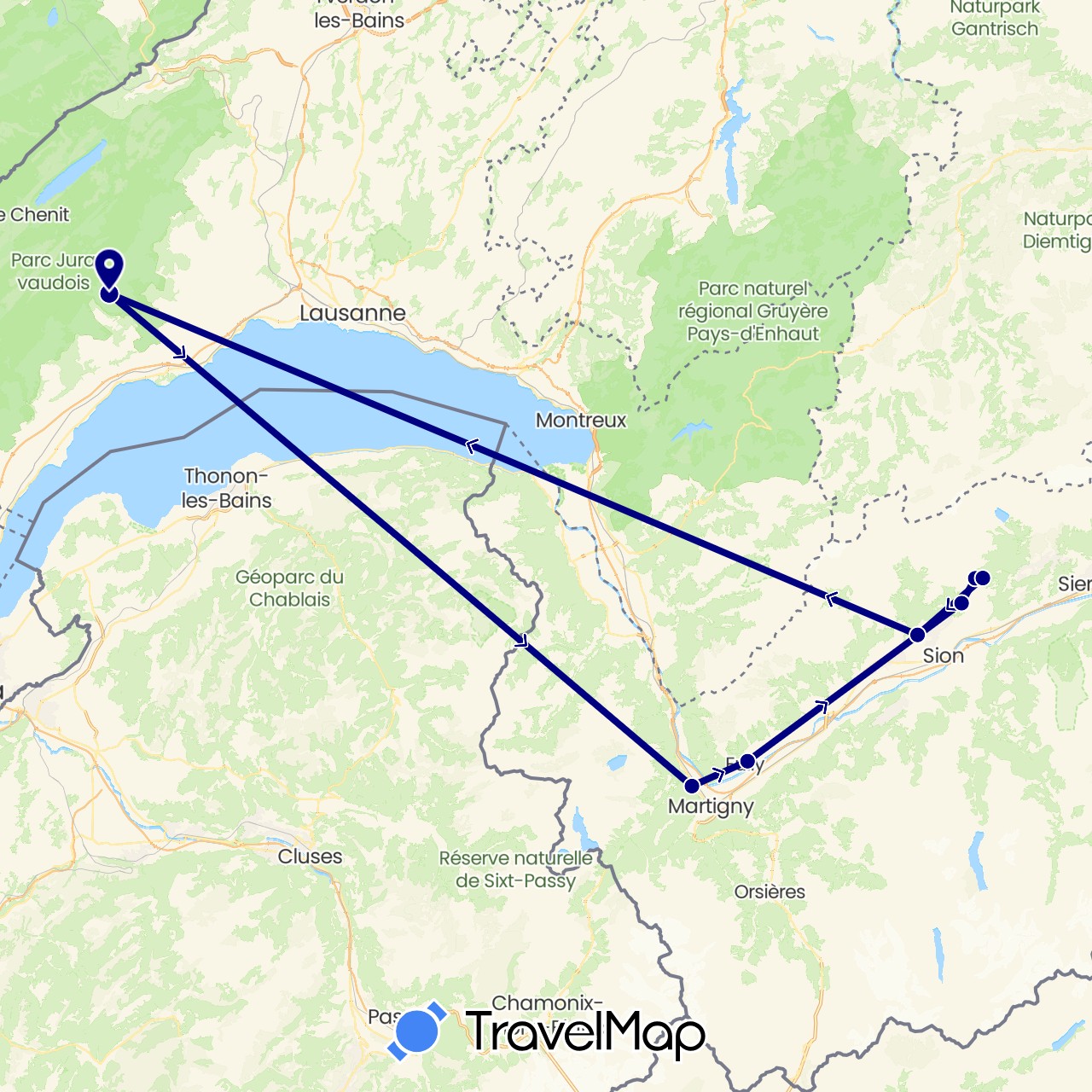 TravelMap itinerary: driving in Switzerland (Europe)