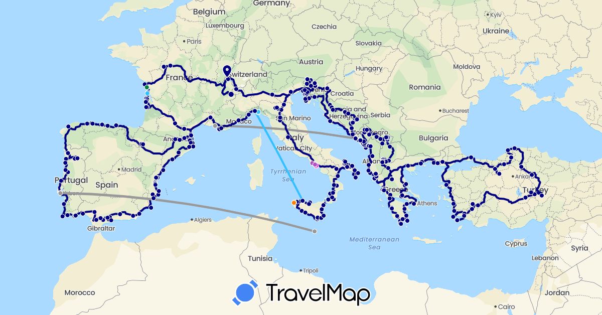 TravelMap itinerary: driving, bus, plane, cycling, train, boat, a pied, téléphérique, scooter in Andorra, Albania, Bosnia and Herzegovina, Switzerland, Spain, France, Greece, Croatia, Italy, Montenegro, Macedonia, Malta, Portugal, Slovenia, Turkey, Kosovo (Asia, Europe)