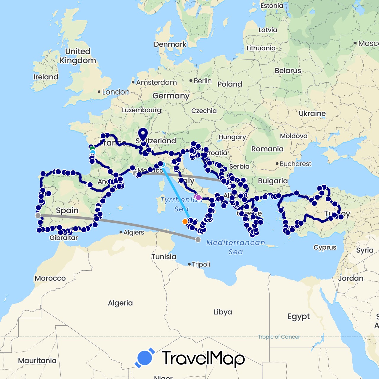 TravelMap itinerary: driving, bus, plane, cycling, train, boat, a pied, téléphérique, scooter in Andorra, Albania, Bosnia and Herzegovina, Switzerland, Spain, France, Greece, Croatia, Italy, Montenegro, Macedonia, Malta, Portugal, Slovenia, Turkey, Kosovo (Asia, Europe)