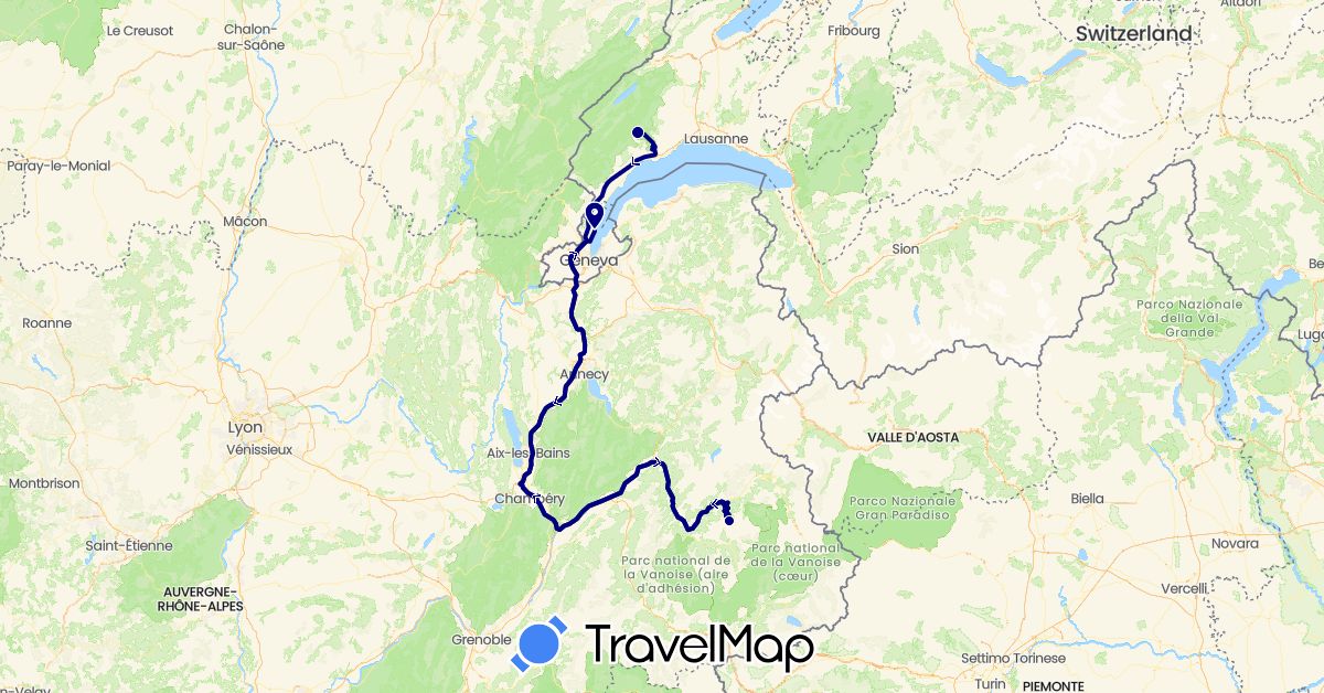 TravelMap itinerary: driving in Switzerland, France (Europe)